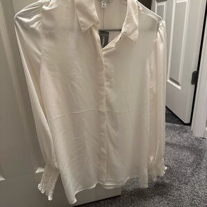 Express Satin Smocked Cuff Blouse - Ivory (S)